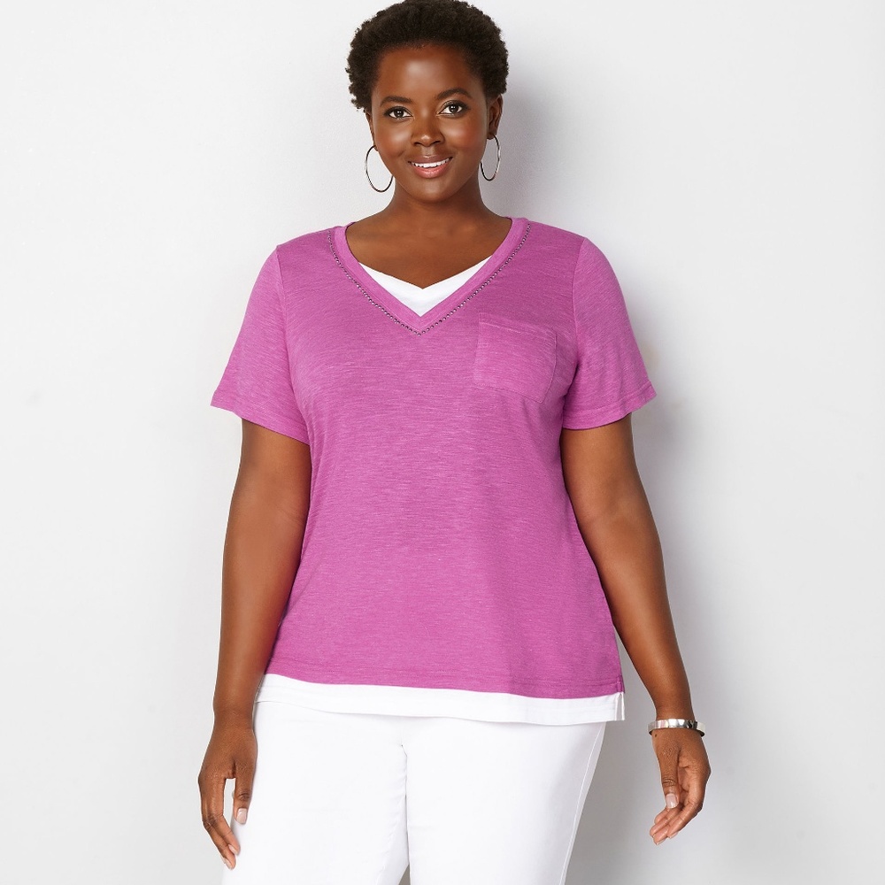 AVENUE EMBELLISHED 2FER TEE V-NECK PLUS SIZE 30/32